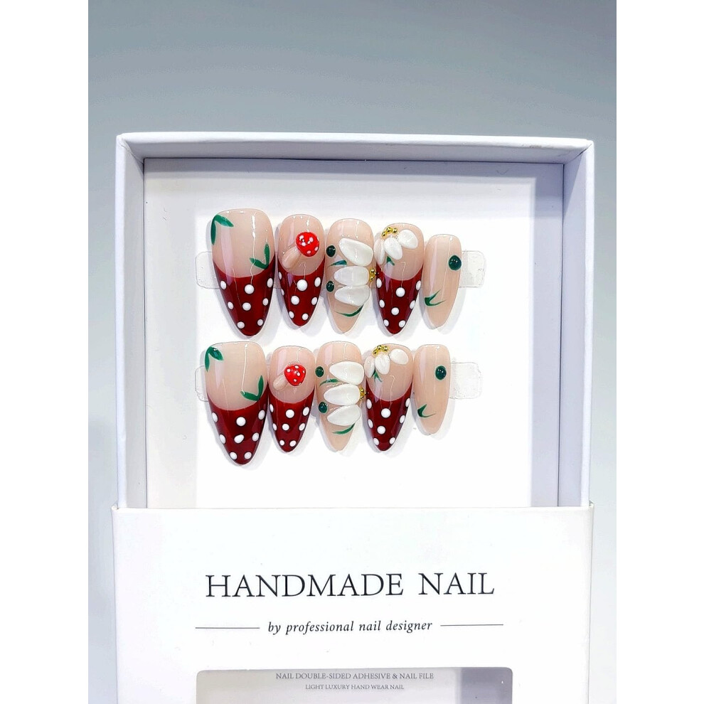 Red Polka Dot Press On Nails Medium Almond Shape False Nails Mushroom Design Handmade Resin Set D516