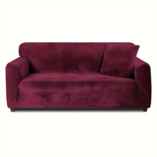 (Wine Red, 2 Seater) Velvet Plush Thick High Stretch Elastic Fabric L Shape Sofa Slipcover Couch Cover 1 2 3 4 Seater Po