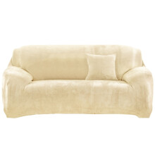 (Beige, 3 Seater) Velvet Plush Thick High Stretch Elastic Fabric L Shape Sofa Slipcover Couch Cover 1 2 3 4 Seater Po