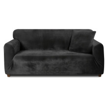 (Black, 4 Seater) Velvet Plush Thick High Stretch Elastic Fabric L Shape Sofa Slipcover Couch Cover 1 2 3 4 Seater Po