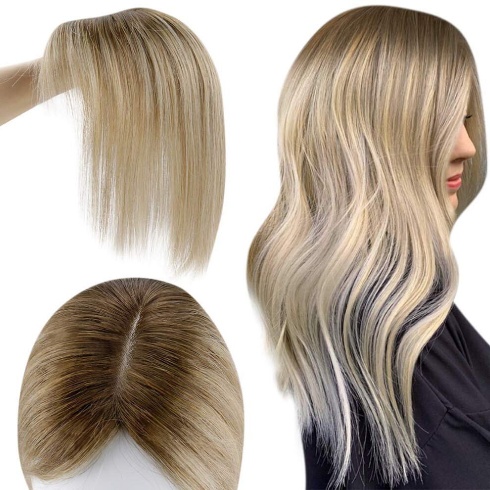 Unisex Blonde Balayage Remy Human Hair Topper For Women With Thinning Hair, Silk Base Clipin 14 Inch