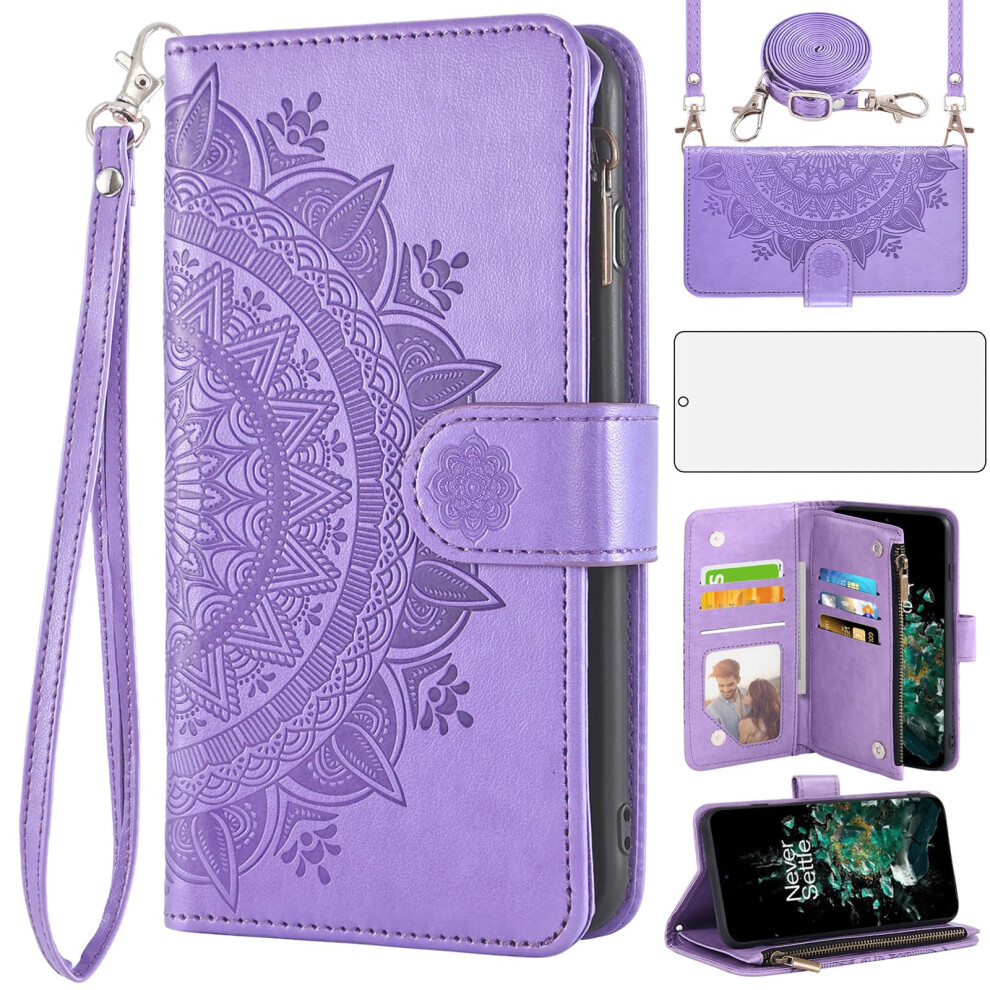 Wallet Case Mandala Cover With Zipper Card Holder Screen Protector And Wrist Strap For Oneplus 10T Purple 9310869675624