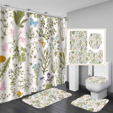 Boho Floral Shower Curtain Set with Rugs, Waterproof Retro Wildflower Botanical Bathroom Decor