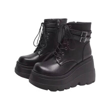 Women's Black Platform Boots Chunky Heel Goth Ankle Booties with Side Zip and Round Toe Comfort