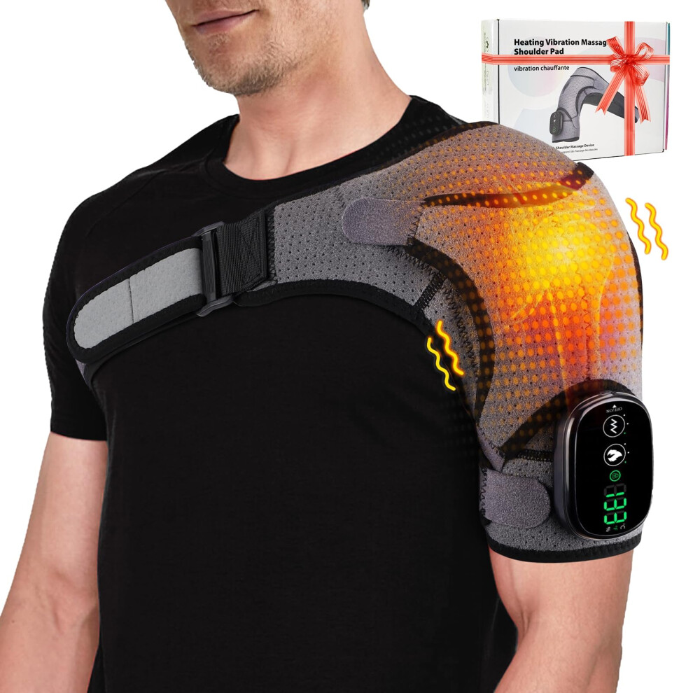 Heated Shoulder Wrap with Heat and Vibration Dual Mode, Cordless Rechargeable Shoulder Heating Pad for Pain Relief