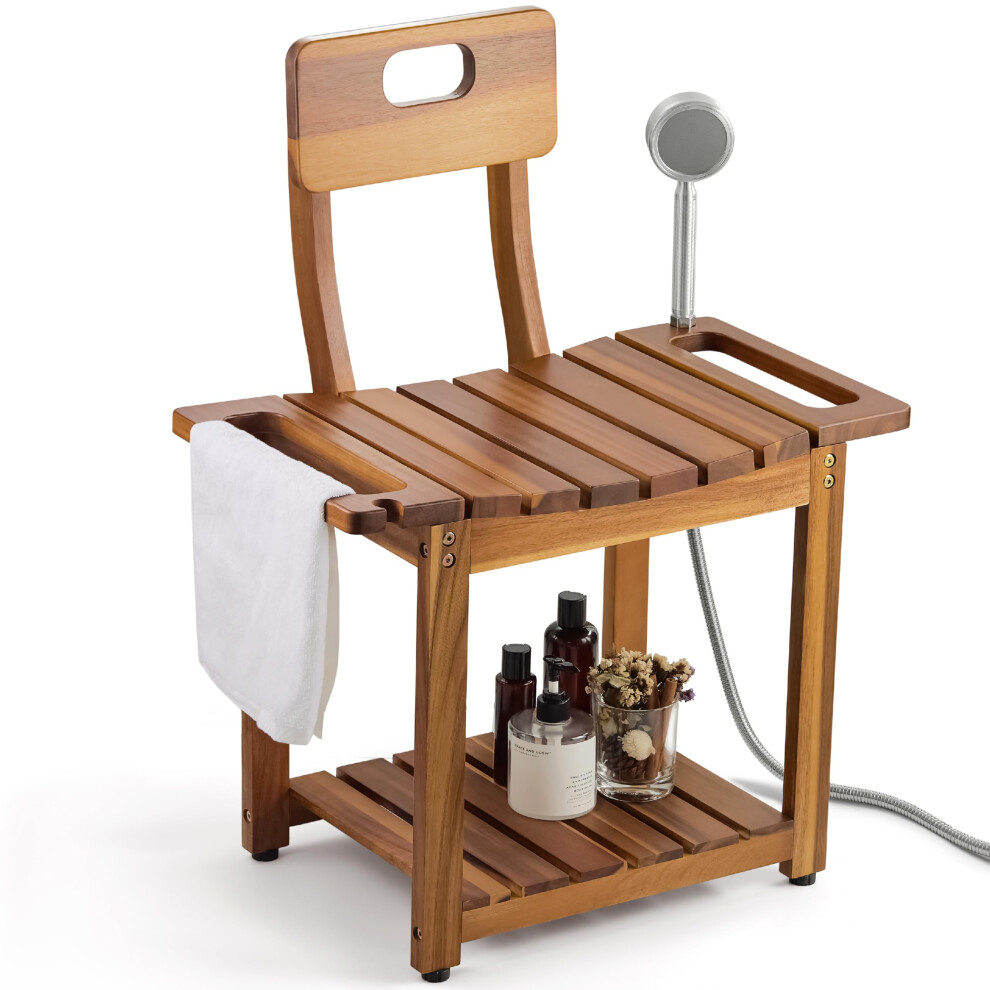 Acacia Wood Shower Chair with Backrest, 450lbs Heavy Duty Bath Bench for Elderly, NonSlip Feet and Storage Shelf