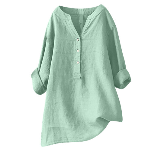 Blusa túnica feminina de algodão e linho com decote em V e mangas compridas. 1
