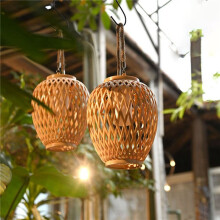 2X Outdoor Solar Imitation Rattan Lantern Courtyard Balcony Garden Decoration Candle Lights Atmosphere Bamboo Chandelier