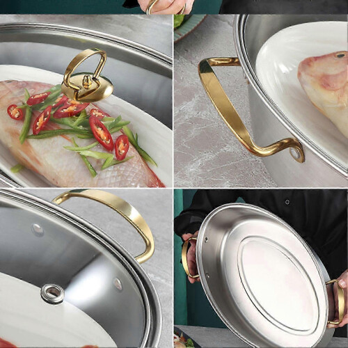 304 Stainless Steel Oval Fish Steaming Pot with Rack - Single Layer Thickened Multi - Use Cookware 2