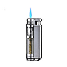 Windproof Butane Lighter Silver Refillable Metal Blue Flame with Visible Fuel Chamber for Camping