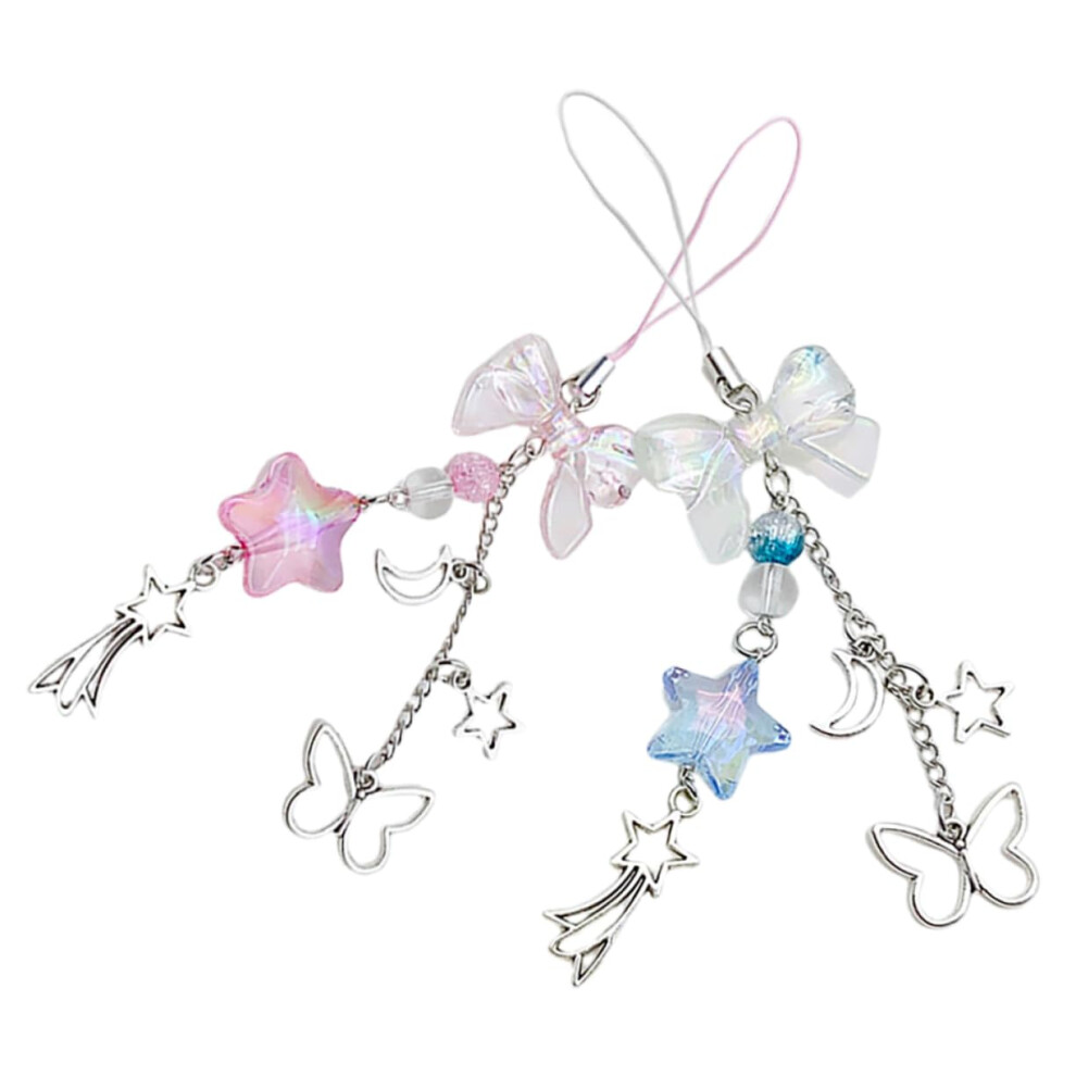 2Pcs Cute Phone Charm Strap Set With Bowknot And Star, Beaded Wrist Lanyard For Phone Case 9310869719649