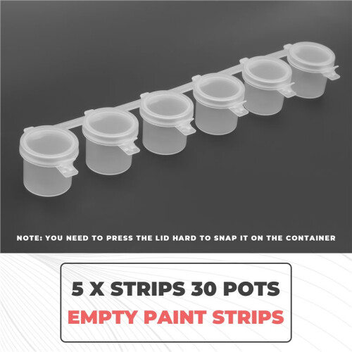 5 Strips 30 Pots Empty Paint Strips Paint Cup Pots, 10Ml/ 0.35Oz  Paint Pot Strips Clear Plastic Storage Containers 2