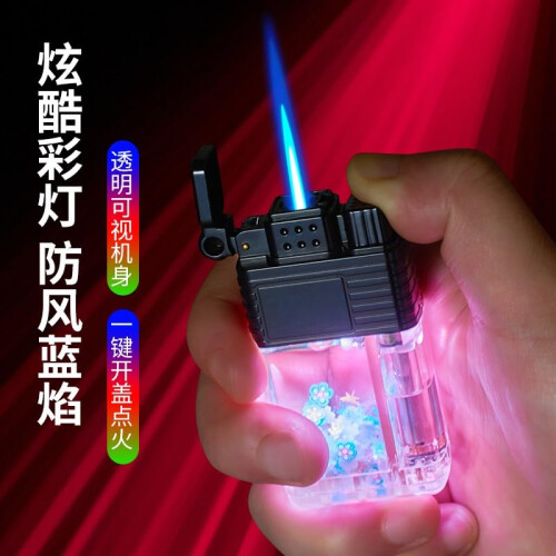 Transparent Butane Torch Lighter with Visible Fuel Window, Windproof Jet Flame, LED Light, Black 1