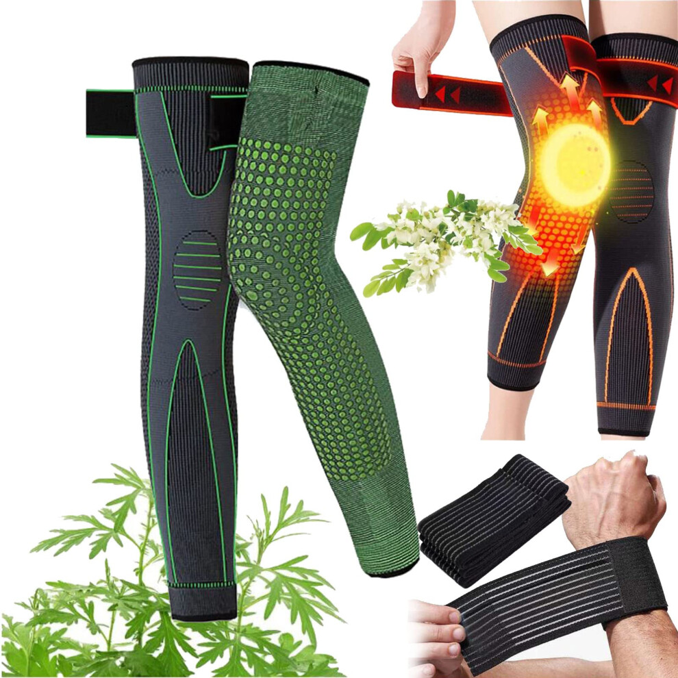 Green Self Heating Knee Sleeve With Tourmaline Acupressure Therapy, Adjustable Compression Support For Pain Relief