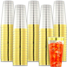 16 Oz Gold Rim Clear Plastic Cups 72 Pack – Elegant Disposable Reusable Party Drinkware for Weddings and Events