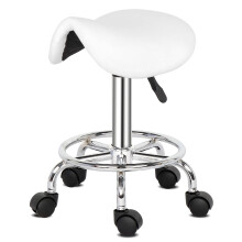 White PU Leather Swivel Saddle Stool with 360 Rotation, Ergonomic Seat and Smooth Rolling Casters