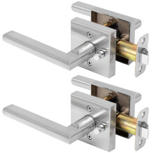 Keyless Privacy Door Handle with Lock, Satin Nickel Reversible Square Interior Lever Set for Bathroom and Bedroom, 2 Pack