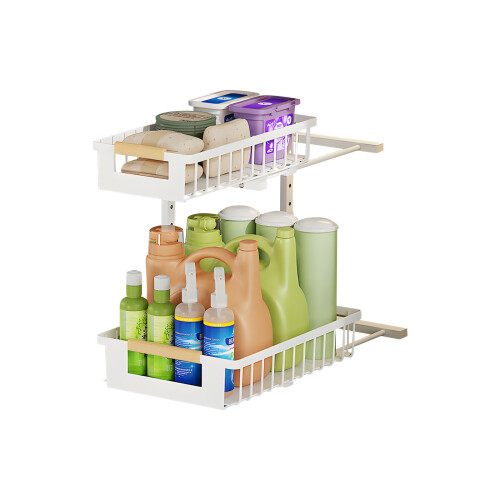 Space Saving Under Sink Shelf Unit with Slide Out Trays &-White