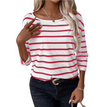 Womens 3/4 Length Sleeve Tops Striped Boat Neck Shirt Frenchy Cotton Tees Red M