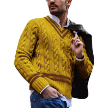 Pull Col V pour Homme, Décontracté, en Maille Torsadée, Coupe Ajustée, Manches Longues, pour L'Automne et L'Hiver. Jaune Gingembre XXL