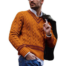 Pull Col V pour Homme, Décontracté, en Maille Torsadée, Coupe Ajustée, Manches Longues, pour L'Automne et L'Hiver. Jaune L