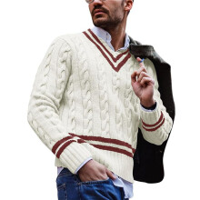 Pull Col V pour Homme, Décontracté, en Maille Torsadée, Coupe Ajustée, Manches Longues, pour L'Automne et L'Hiver. Blanc L