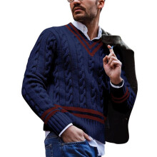 Pull Col V pour Homme, Décontracté, en Maille Torsadée, Coupe Ajustée, Manches Longues, pour L'Automne et L'Hiver. Bleu Marine M
