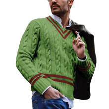 Pull Col V pour Homme, Décontracté, en Maille Torsadée, Coupe Ajustée, Manches Longues, pour L'Automne et L'Hiver. Vert XL