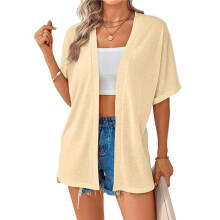 Women'S Short Sleeve Cardigan Summer Cardigan Casual Loose Beach Cover- Curved Hem Apricot XL