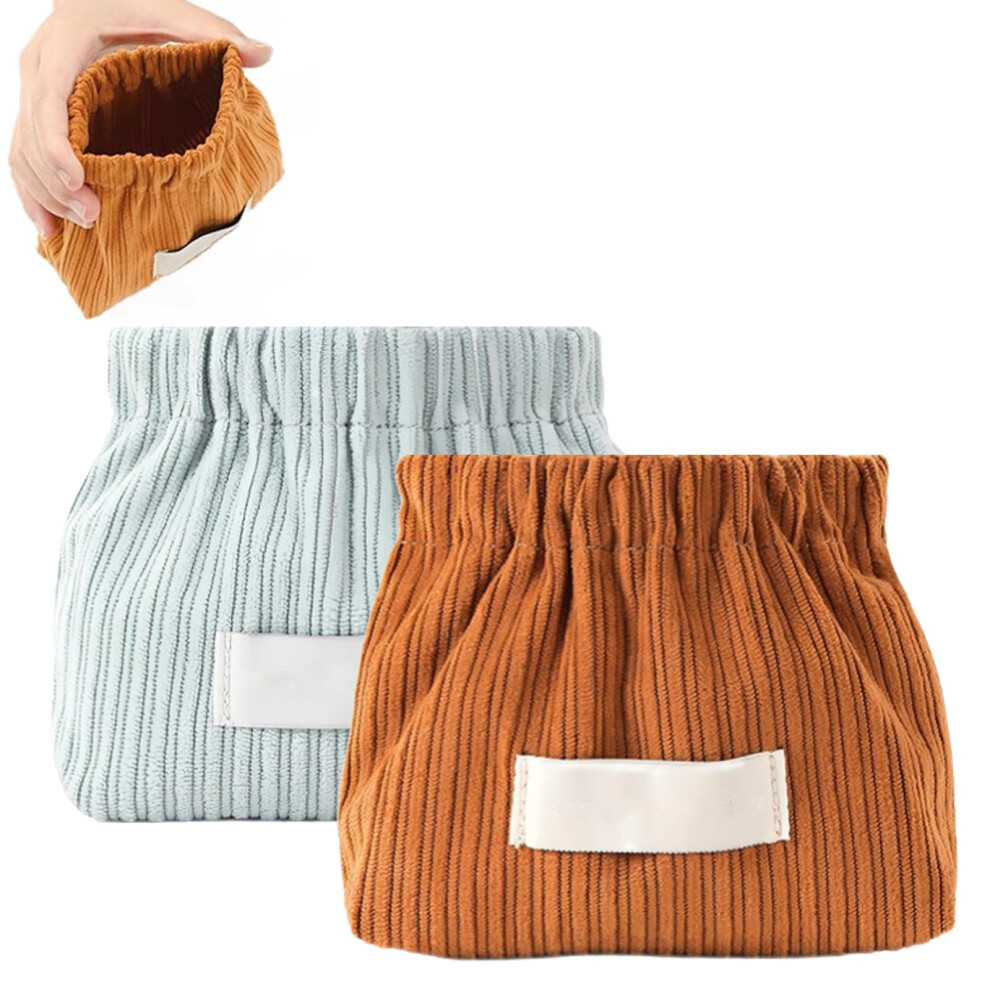 Blue/Brown Corduroy Makeup Bag With Quick Popper Closure, Small Travel Cosmetic Pouch Organizer And
