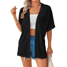 Women'S Short Sleeve Cardigan Summer Cardigan Casual Loose Beach Cover- Curved Hem Black XL