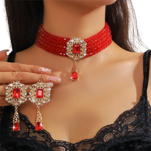 Stylish Layer Rhinestones Waterfall Necklace With Matching-Red