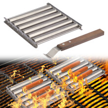 Stainless Steel Hot Dog Roller with Extra Long Wooden Handle, 5 Sausage Capacity BBQ Grill Rack for Even Cooking