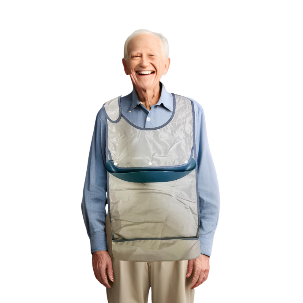 Gray Adult Bib Waterproof For Elderly, Adjustable Fit, Dual Spill Catcher, Washable