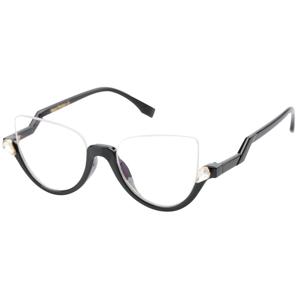 Black Shiny Semi Rimless Cat Eye Reading Glasses For Women +1.75 Magnification Clear Vision