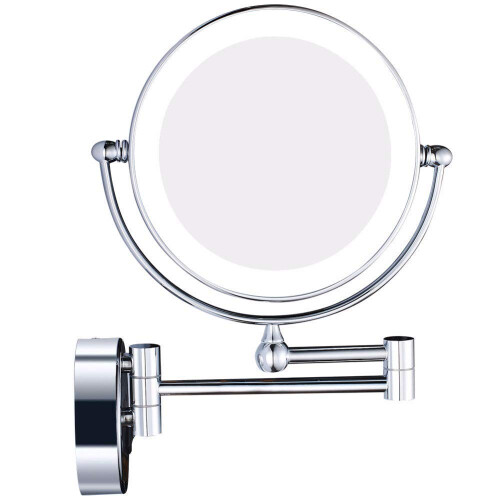 8 Inch Gold Brass Lighted Wall Mounted Makeup Mirror 5X Magnification Foldable Double Sided With Switch