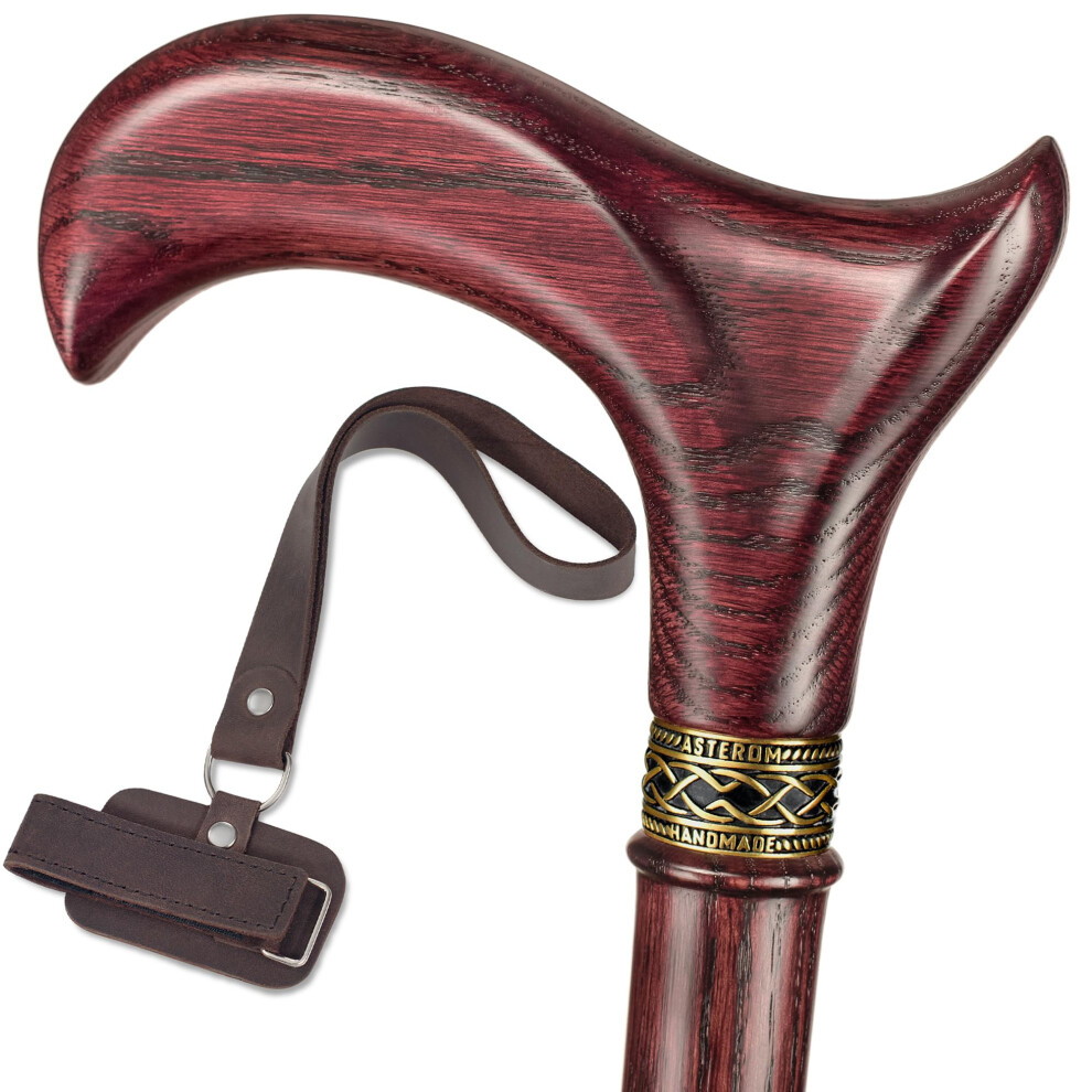 Wooden Walking Cane 33 Inch with Ergonomic Derby Handle and Vintage Leather Strap for Seniors