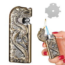 Refillable Butane Torch Lighter Bronze Dragon Design, Windproof Dual Jet Flame Lighter for Outdoor Use