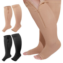 2 Pair Plus Size Zipper Compression Socks 1520 mmHg Open Toe Graduated Support for Women and Men XL Black Nude