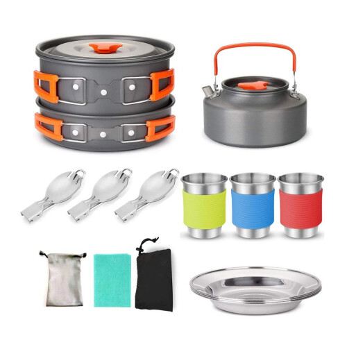 Camping Cookware Set for Backpacking, Lightweight MultiPiece Kit with Kettle, Pan and Carry Bag