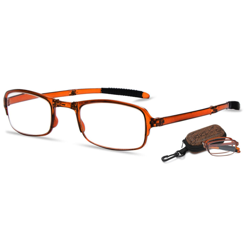 Brown Folding Reading Glasses 1.5X Magnification Compact Pocket Readers With Zipper Case Unisex