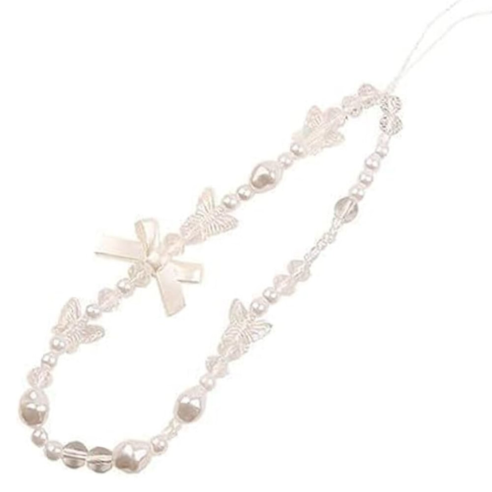 Pearl Phone Lanyard With Bow Butterfly Charms, Fashion Beaded Wrist Strap For Women, Antiloss Universal Design White 9330225714927