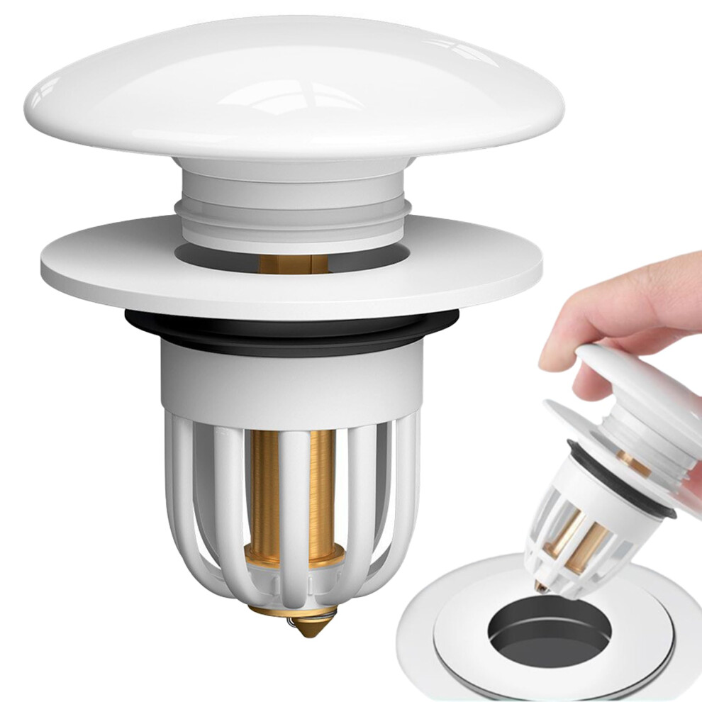Universal Pop Up Drain Stopper With Anti Clogging Strainer, Push Type White Ceramic Bathroom Sink Drain Plug 9310869687092