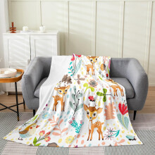 Kawaii Deer Queen Fleece Blanket, Soft Warm Cartoon Animal Throw with Pink and Green Floral Design for Bed and Sofa