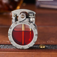 Vintage Kerosene Lighter with Pocket Watch Design, Transparent Fuel Window, Gift Box Zinc Alloy