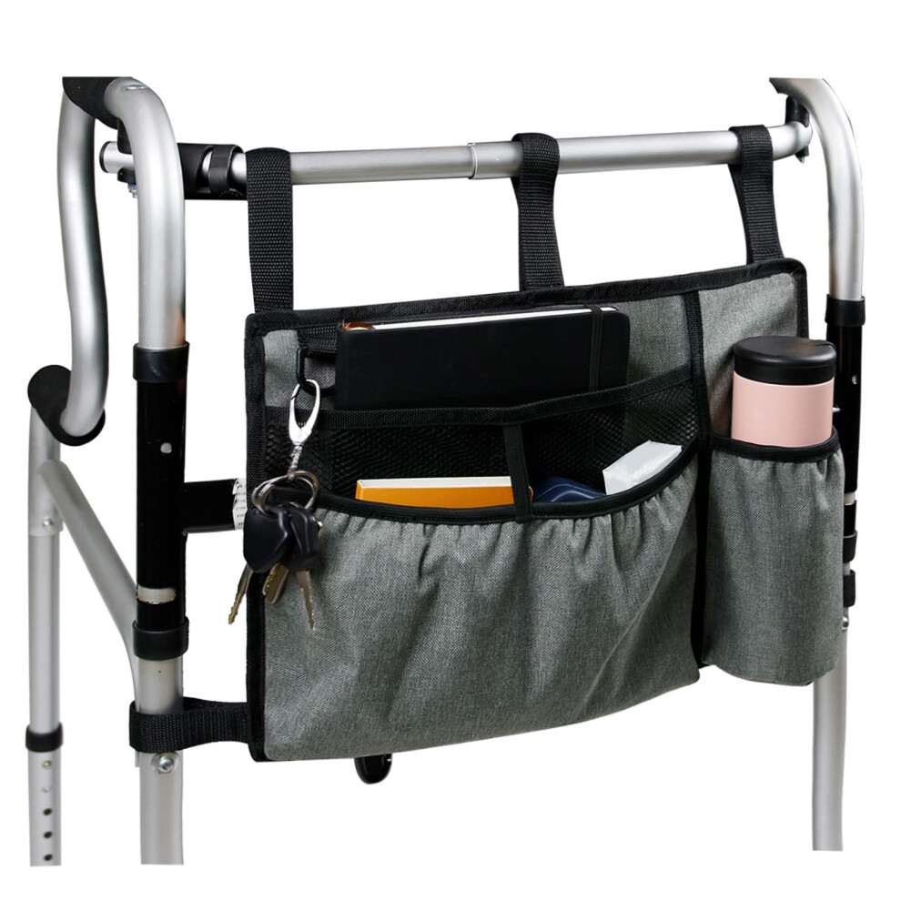 Waterproof Wheelchair Side Storage Bag with Large Capacity and Multiple Pockets, Grey Organizer for Seniors