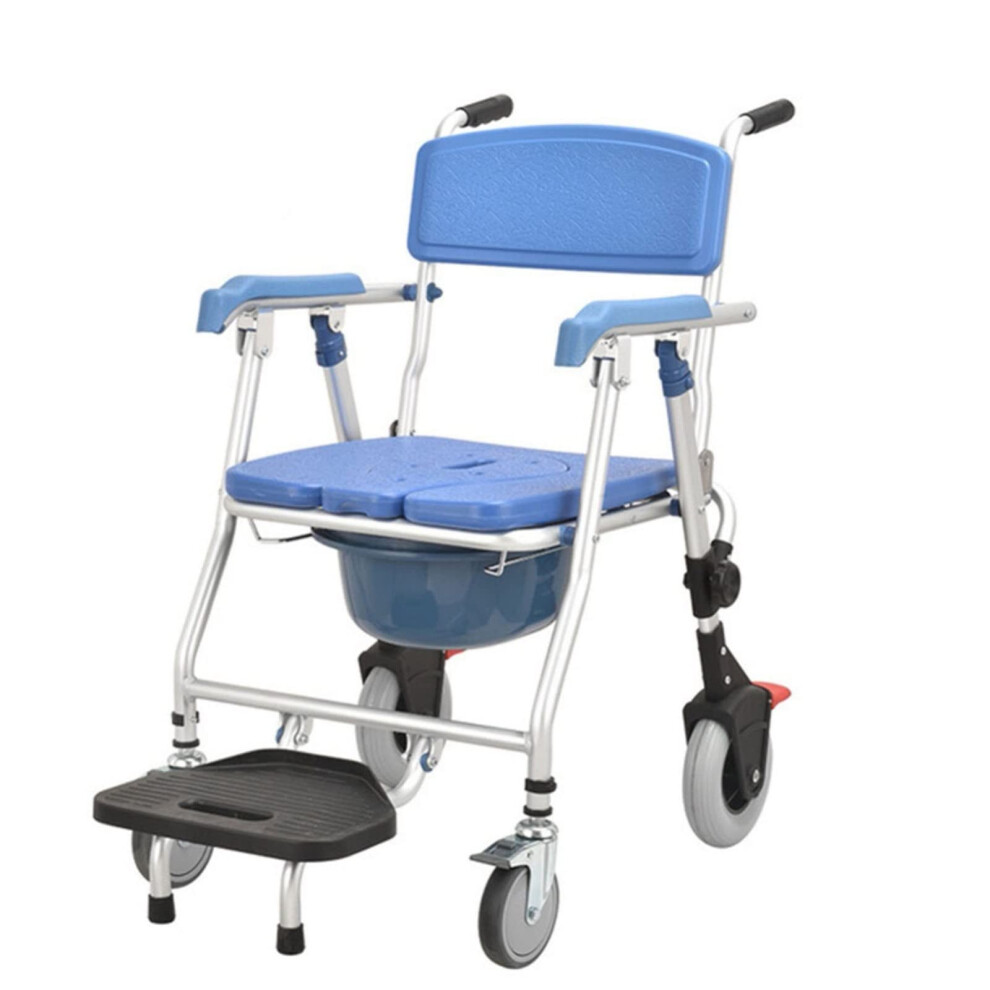 Height Adjustable Shower Commode Wheelchair with Removable Bucket, Foldable Footrests and Comfort Cushion for Elderly