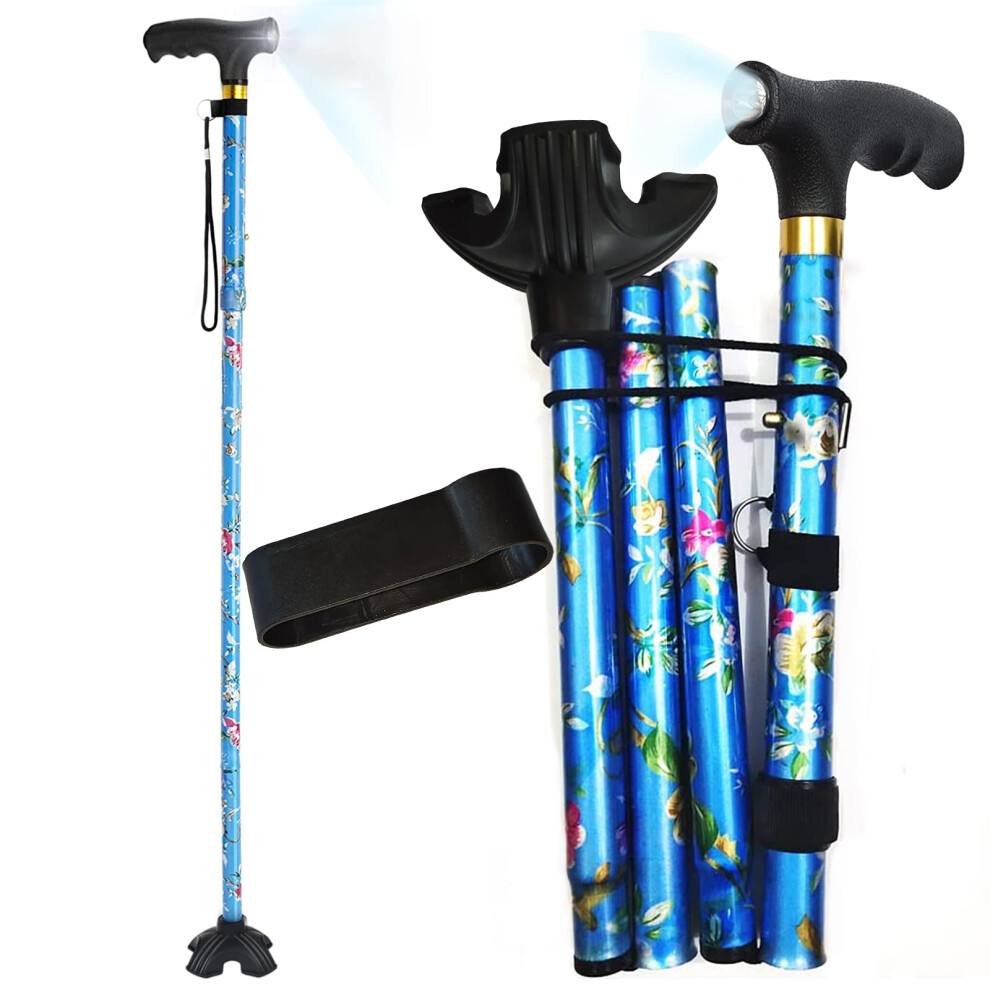 Light/Blue Folding Walking Cane With Led Adjustable Quad Base Aluminum Walking Stick For Seniors
