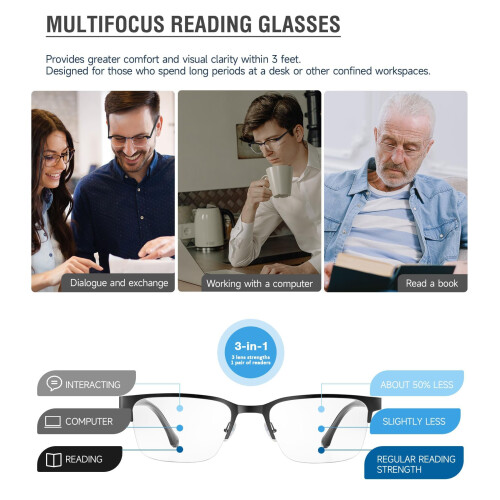 2 Pack Progressive Reading Glasses for Men +1.25 Blue Light Blocking NoLine Multifocus Black Frame 2