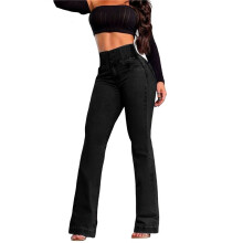 Jean Taille Haute Extensible pour Femme, Coupe Bootcut, avec Ceinture Élastique, Pantalon en Denim pour Femme Noir S